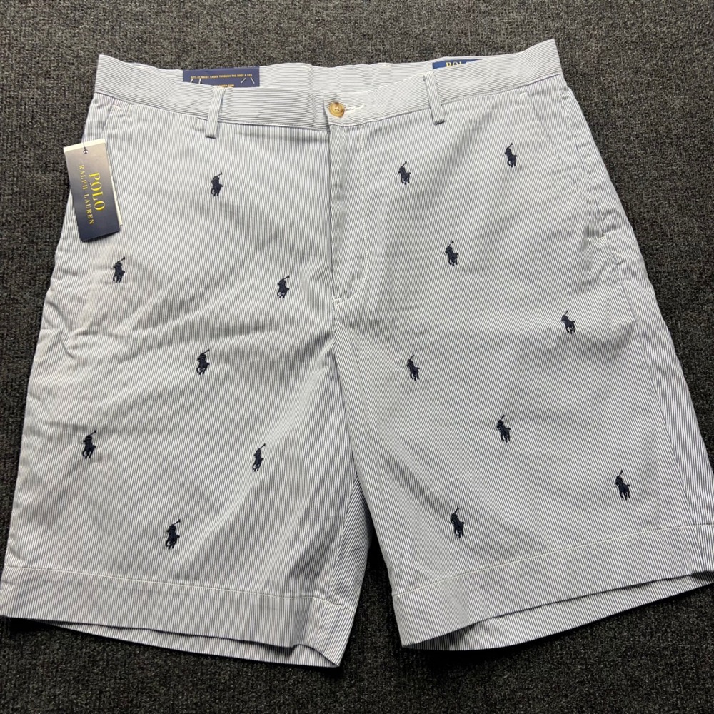 Polo Ralph Lauren Mens 35 Classic Fit Shorts Blue White Striped Pony Logo NWT